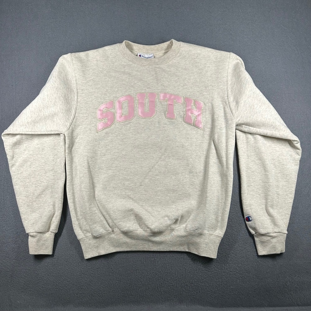 Champion Crewneck Sweatshirt Womens Small SOUTH Pink‎ Letter Heathered Beige